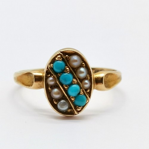 662 - Antique 15ct marked gold turquoise / pearl oval head cluster ring - size N½ & 2g total weight