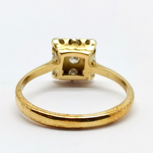 663 - 18ct marked gold square panel 9 stone diamond cluster ring - size M½ & 2.6g total weight