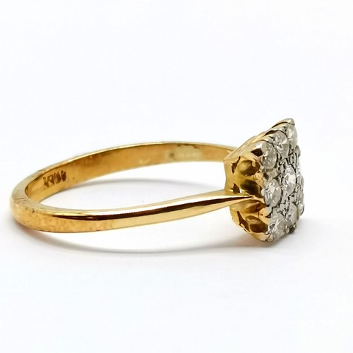 663 - 18ct marked gold square panel 9 stone diamond cluster ring - size M½ & 2.6g total weight