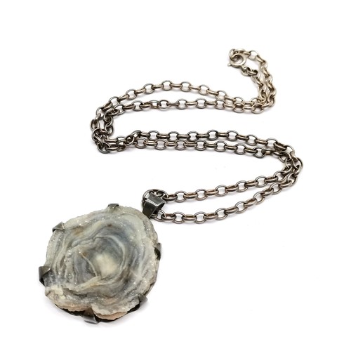 673 - Silver 1970's geode pendant (5.5cm) on silver 58cm chain - total weight 51g