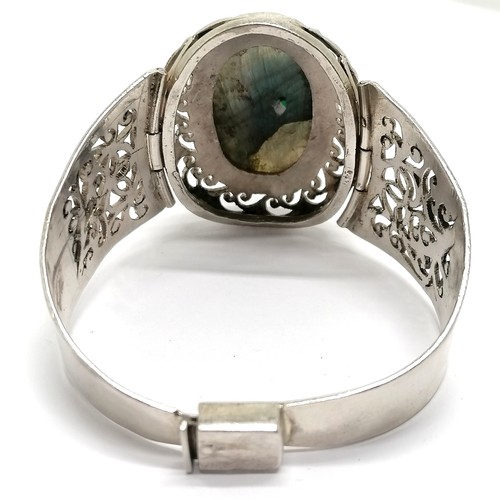 720 - Silver 925 marked labradorite stone set hinged bangle (5.5cm across head) - 77g total weight