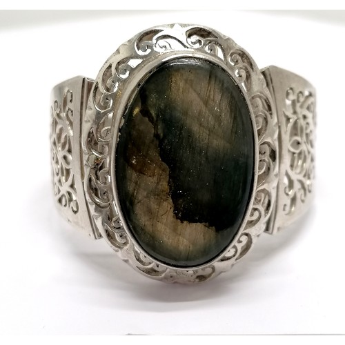 720 - Silver 925 marked labradorite stone set hinged bangle (5.5cm across head) - 77g total weight