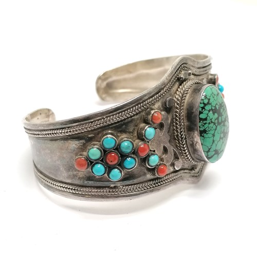 721 - Silver 925 marked cuff bangle set with turquoise & coral - 49g total weight