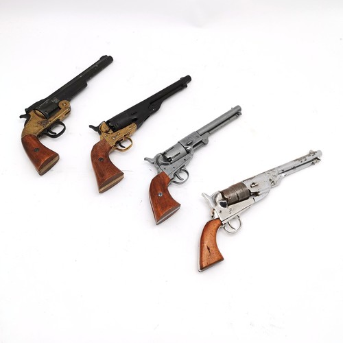 113 - 4 replica American pistols -3 by Denix made in Spain T/W a brass shot flask 21.5cm long etc.