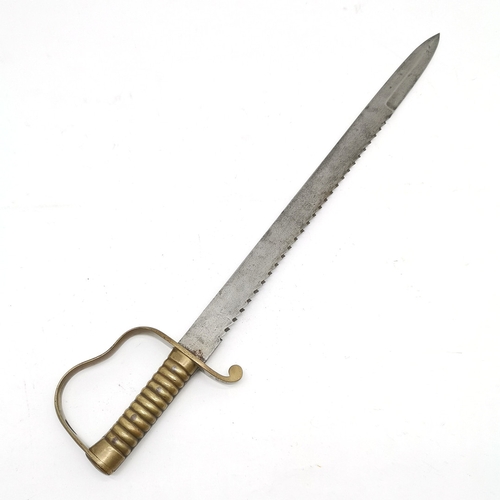 116 - Antique saw back brass hilted sidearm sword with markings to blade & hilt - 70cm long.