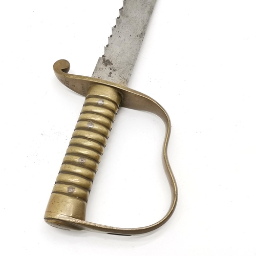 116 - Antique saw back brass hilted sidearm sword with markings to blade & hilt - 70cm long.