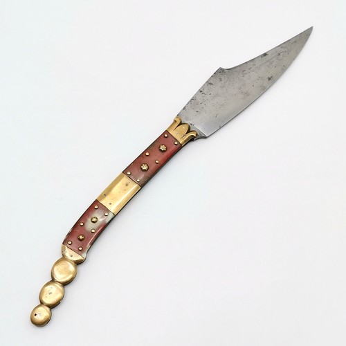 120 - Antique 19thC Spanish navaja folding lock knife with bulls horn / brass detail to handle marked En a... 