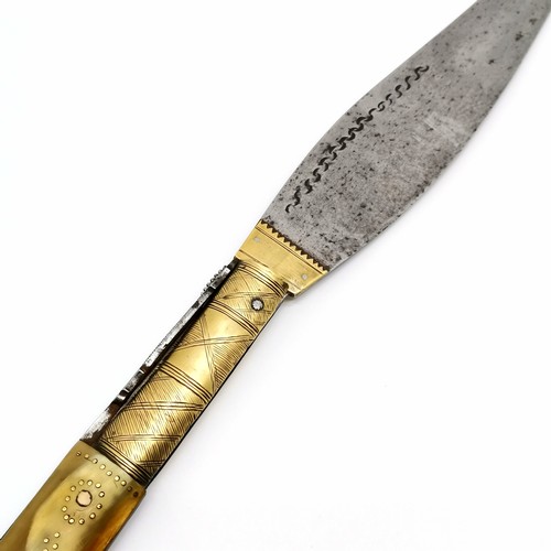 121 - Very large antique 19thC Spanish Navaja folding lock knife with ratchet action and brass & horn hand... 