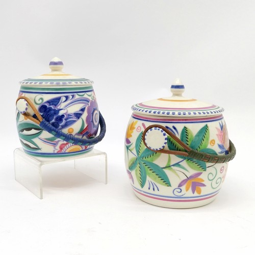 148 - 2 x Poole England pottery lidded biscuit barrels with cane handles largest 16cm high #230/MA decorat... 