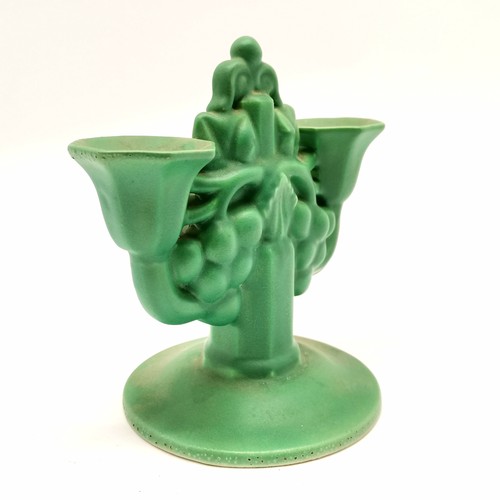 155 - Carter Stabler & Adams Poole pottery green 2 branch candelabra #964 designed by John Adams - 16cm hi... 