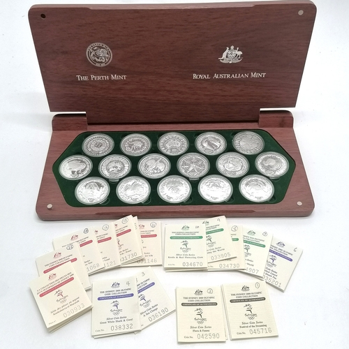 195 - Australia 2000 Sydney Olympics set of 16 silver proof $5 coins in wooden case - 34cm x 17cm x 3cm an... 