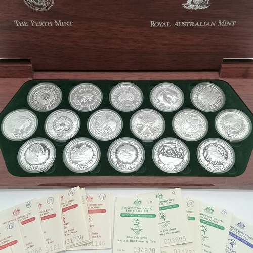 195 - Australia 2000 Sydney Olympics set of 16 silver proof $5 coins in wooden case - 34cm x 17cm x 3cm an... 