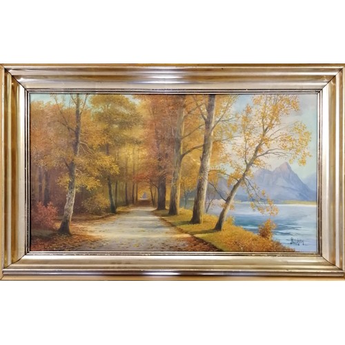 200 - Reichlin signed oil on canvas painting of a Swiss wooded path next to a lake - frame 57.5cm x 91cm