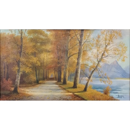 200 - Reichlin signed oil on canvas painting of a Swiss wooded path next to a lake - frame 57.5cm x 91cm