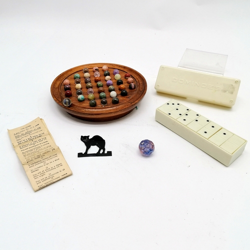 201 - Vintage solitaire board with hardstone marbles - board measures 19cm diameter t/w boxed dominos, dic... 