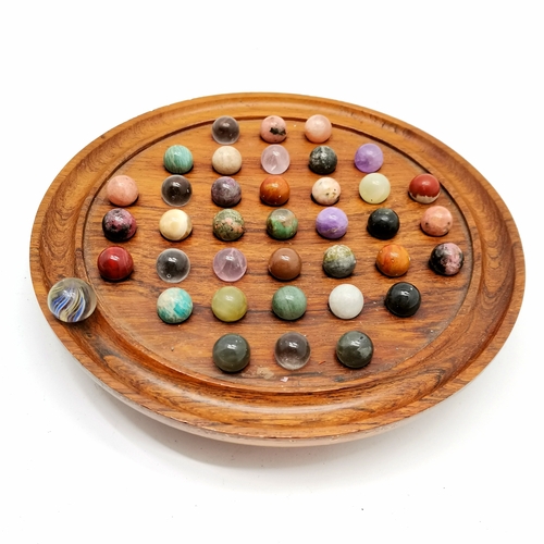 201 - Vintage solitaire board with hardstone marbles - board measures 19cm diameter t/w boxed dominos, dic... 