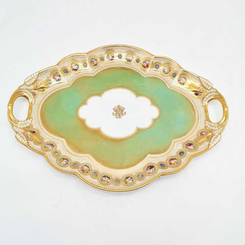 202 - Antique porcelain 2 handle tray with profuse gilt border and hand painted floral detail with retaile... 