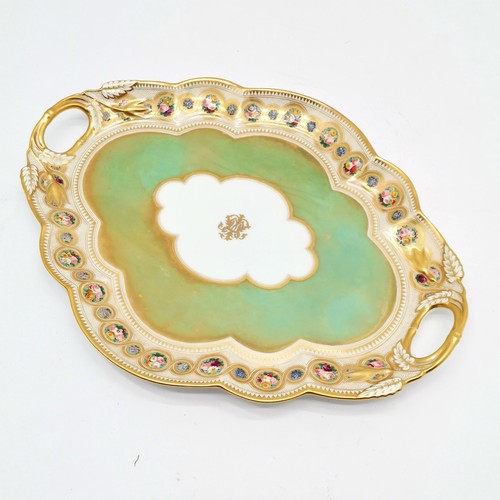 202 - Antique porcelain 2 handle tray with profuse gilt border and hand painted floral detail with retaile... 