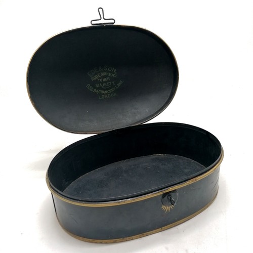 208 - Antique Dr Jackson japanned oval wig tin box by Ede & Son (London robe makers) - 26cm x 18cm x 10.5c... 