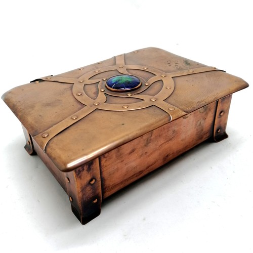 209 - Arts & Crafts copper box with wooden lining and enamel detail to lid - 15cm x 11cm x 5cm ~ enamel a/... 