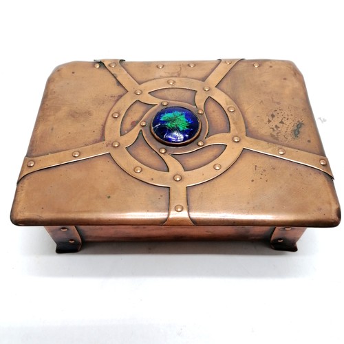 209 - Arts & Crafts copper box with wooden lining and enamel detail to lid - 15cm x 11cm x 5cm ~ enamel a/... 