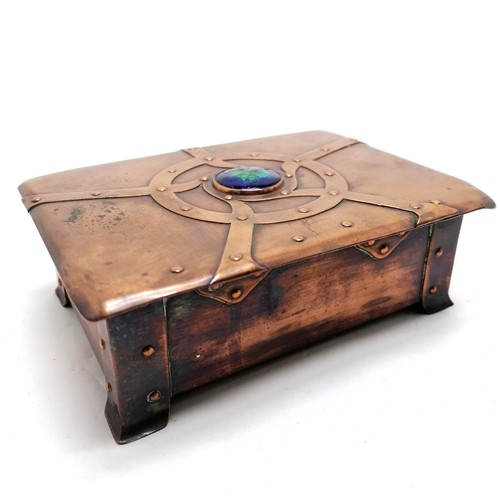 209 - Arts & Crafts copper box with wooden lining and enamel detail to lid - 15cm x 11cm x 5cm ~ enamel a/... 