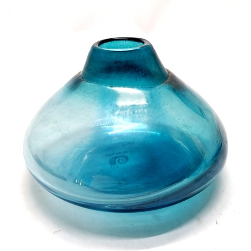 212 - Hysteria iridescent blue art glass squat vase - 9cm high x 13cm diameter