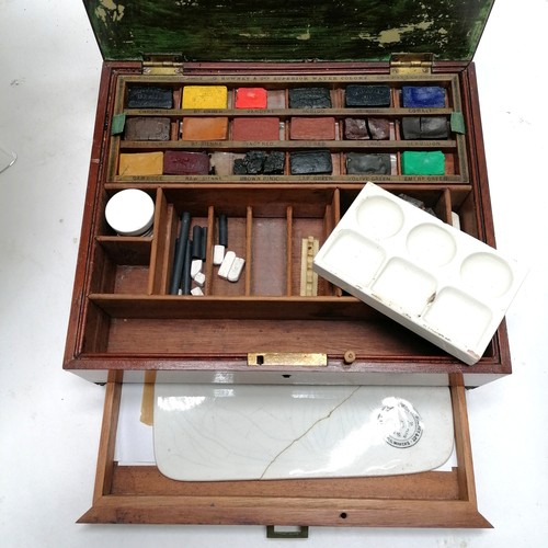 215 - George Rowney antique travel paint box with contents (mostly original paints & porcelain mixing dish... 