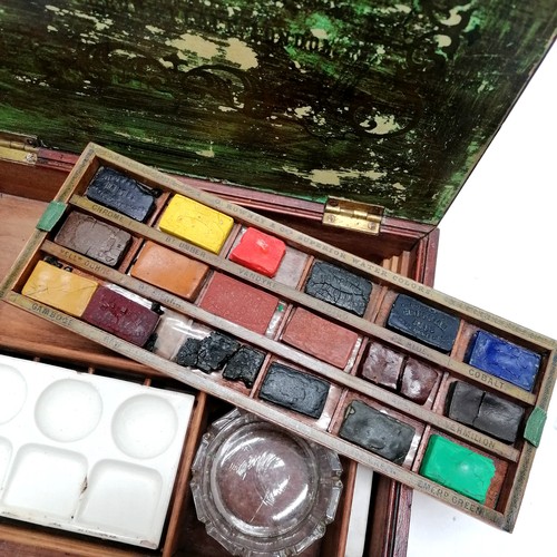 215 - George Rowney antique travel paint box with contents (mostly original paints & porcelain mixing dish... 