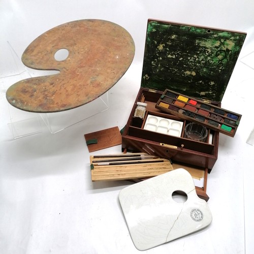 215 - George Rowney antique travel paint box with contents (mostly original paints & porcelain mixing dish... 