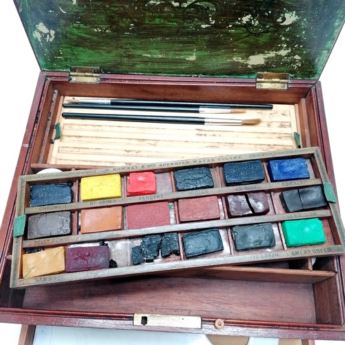 215 - George Rowney antique travel paint box with contents (mostly original paints & porcelain mixing dish... 