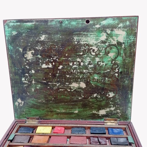 215 - George Rowney antique travel paint box with contents (mostly original paints & porcelain mixing dish... 