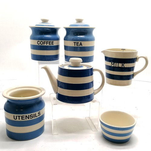 216 - T G Green 5 x Cornishware (Tea / coffee / utensils / teapot / sugar basin) t/w unmarked milk jug ~ s... 