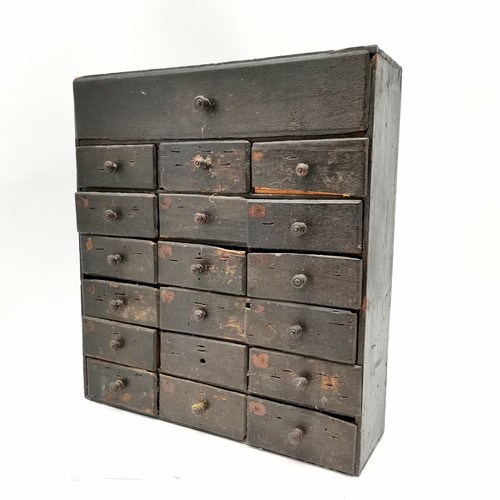 228 - Antique set of 19 spice drawers 45cm high x 40.5cm wide x 12cm deep - some losses