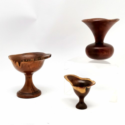 229 - 3 decorative artisan hand carved wooden vases, tallest 17.5cm - smallest with some losses