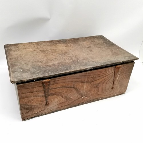 242 - Antique oak bible box with carved panel to the front 62cm x 36cm x 23cm high - 1 hinge broken and so... 