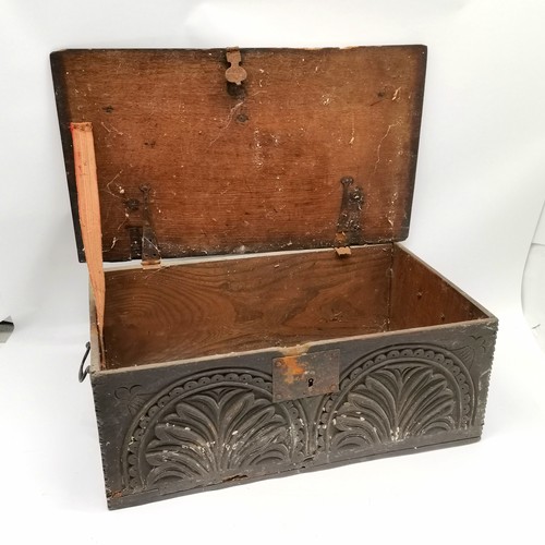 242 - Antique oak bible box with carved panel to the front 62cm x 36cm x 23cm high - 1 hinge broken and so... 