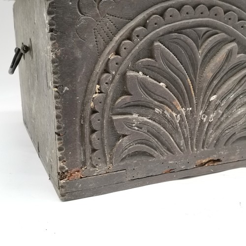 242 - Antique oak bible box with carved panel to the front 62cm x 36cm x 23cm high - 1 hinge broken and so... 