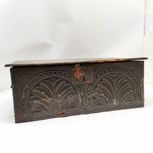 242 - Antique oak bible box with carved panel to the front 62cm x 36cm x 23cm high - 1 hinge broken and so... 