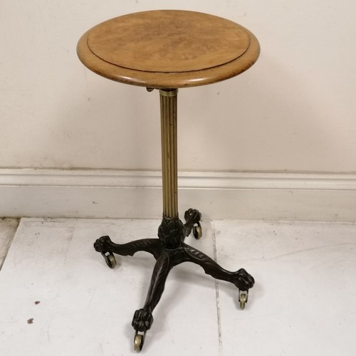 246 - Antique pedestal adjustable stand with wooden burr walnut top - 70cm high x 36.5cm diameter