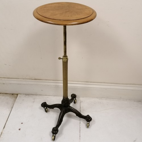 246 - Antique pedestal adjustable stand with wooden burr walnut top - 70cm high x 36.5cm diameter