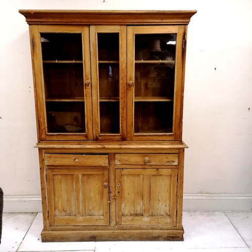 247 - Antique pine dresser with cupboard and drawer base and glazed fronted shelves to the top - 2 handles... 