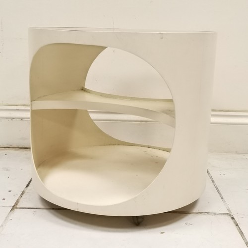 253 - Mid century cream circular coffee table on castors with a smoked glass top - 50cm high x 54cm diamet... 