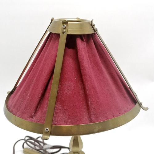 262 - Art Nouveau brass lamp with original gallery & cloth shade - 38cm high and has registration mark - W... 