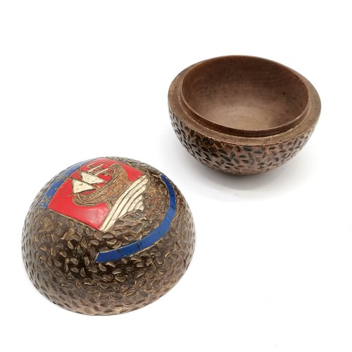 276 - French chip carved round wooden / treen tobacco box with painted tall masted ship Paris city crest t... 