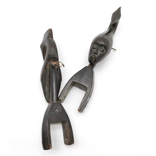 277 - 2 x African hand carved loom pulleys with mask & bird headdress detail - 31cm long (1 has crack)