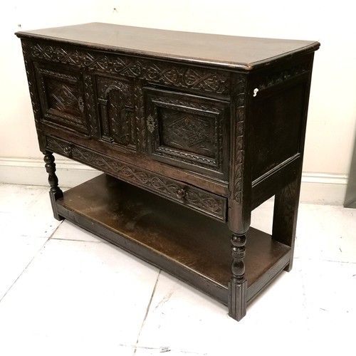 279 - Antique continental carved oak 2 door sideboard with pot board to base - 126cm long x 44.5cm deep x ... 