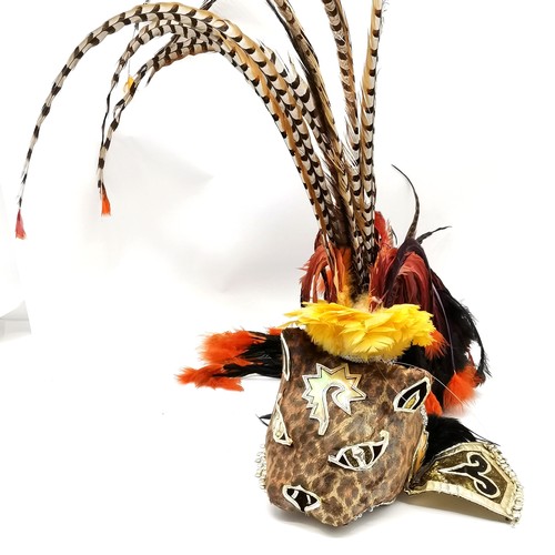 282 - 2 x Mexican Day Of The Dead masks decorated with pheasant tail feathers - skeleton 80cm high