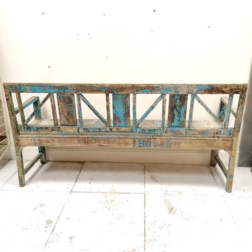 285 - Continental teak bench with traces of original paint - in good used condition - 176cm long x 46cm de... 