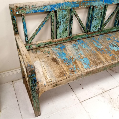 285 - Continental teak bench with traces of original paint - in good used condition - 176cm long x 46cm de... 